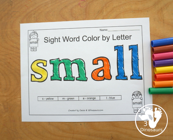 Free Romping & Roaring Third Grade Sight Words Packs Set 9: Show, Six, Small, Start - 6 pages of activities for each third Grade sight words: show, six, small, start. These are great sight word printables for learning centers - 3Dinosaurs.com