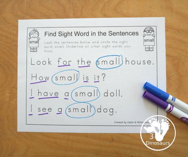 Free Romping & Roaring Third Grade Sight Words Packs Set 9: Show, Six, Small, Start - 6 pages of activities for each third Grade sight words: show, six, small, start. These are great sight word printables for learning centers - 3Dinosaurs.com