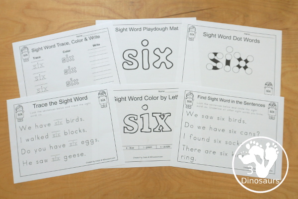 Free Romping & Roaring Third Grade Sight Words Packs Set 9: Six - 6 pages of activities for each third Grade sight word: six. These are great sight word printables for learning centers - 3Dinosaurs.com