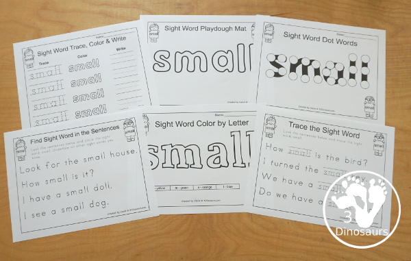 Free Romping & Roaring Third Grade Sight Words Packs Set 9: Small - 6 pages of activities for each third Grade sight word:  small. These are great sight word printables for learning centers - 3Dinosaurs.com