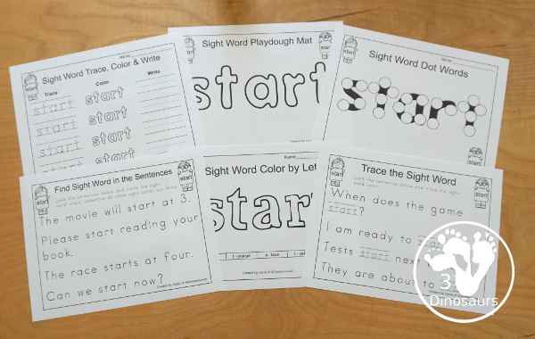 Free Romping & Roaring Third Grade Sight Words Packs Set 9: Start - 6 pages of activities for each third Grade sight word: start. These are great sight word printables for learning centers - 3Dinosaurs.com