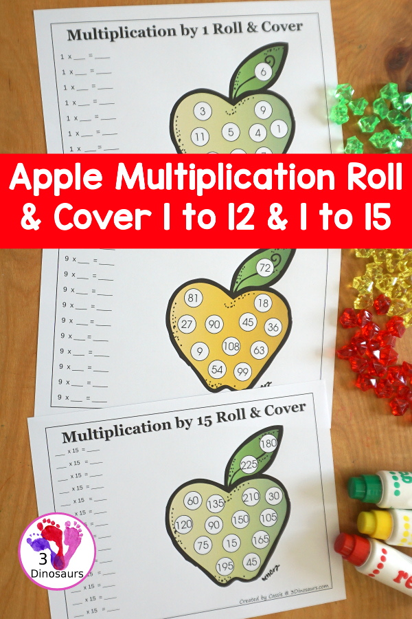 Apple Multiplication Roll & Cover has multiplication 1 to 12 and 1 to 15 with two options of equations for each set.- 3Dinosaurs.com