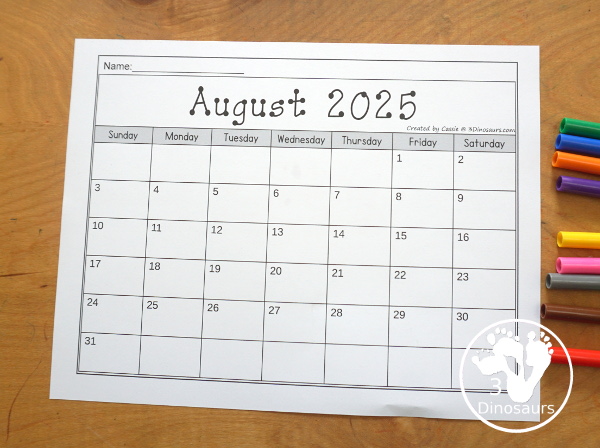7 Non-Themed Calendars for August 2025 – July 2026 with tracing, dot the number, coloring, writing and tracing - 3Dinosaurs.com