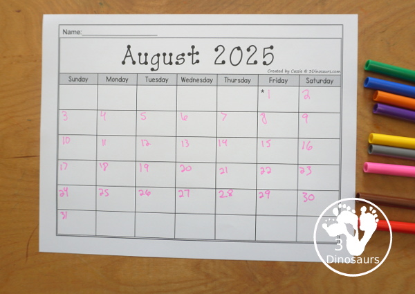 7 Non-Themed Calendars for August 2025 – July 2026 with tracing, dot the number, coloring, writing and tracing - 3Dinosaurs.com