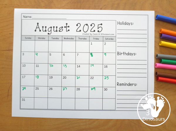 7 Non-Themed Calendars for August 2025 – July 2026 with tracing, dot the number, coloring, writing and tracing - 3Dinosaurs.com