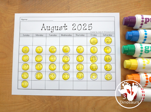 7 Non-Themed Calendars for August 2025 – July 2026 with tracing, dot the number, coloring, writing and tracing - 3Dinosaurs.com