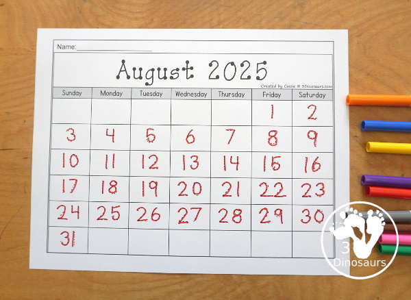 7 Non-Themed Calendars for August 2025 – July 2026 with tracing, dot the number, coloring, writing and tracing - 3Dinosaurs.com