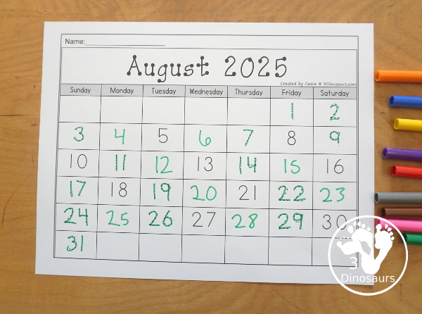 7 Non-Themed Calendars for August 2025 – July 2026 with tracing, dot the number, coloring, writing and tracing - 3Dinosaurs.com