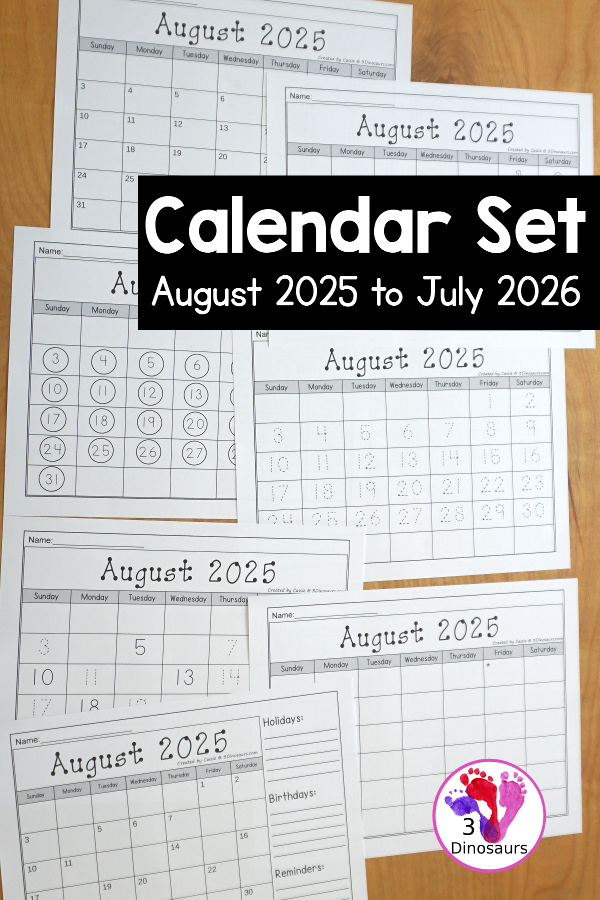 7 Non-Themed Calendars for August 2025 – July 2026 with tracing calendar printable, dot the number calendar printable, coloring calendar printable, writing calendar printable, and tracing calendar printable - 3Dinosaurs.com