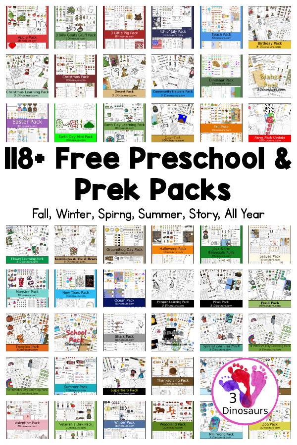 118 Free Tot, Preschool and Prek Packs for kids - printable for for the seasons, different themes and stories that you can use with kids ages 2 to 5. You have over 10,000 pages of free printables - 3Dinosaurs.com