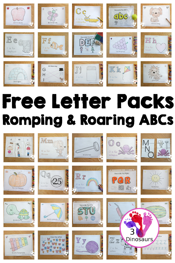 Free Romping & Roaring ABC Packs - a collection of free ABC packs that you can use with kids. With lots of fun activities in each pack. 26 letter packs for kids - 3Dinosaurs.com