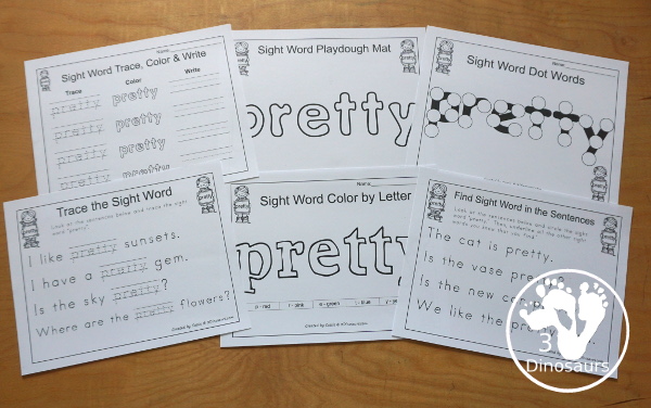 Romping & Roaring Primer Sight Words: pretty, ran, ride, saw - you have 6 pages for each sight word that work on learning the sight word in different ways with reading, writing, and finding. 3Dinosaurs.com