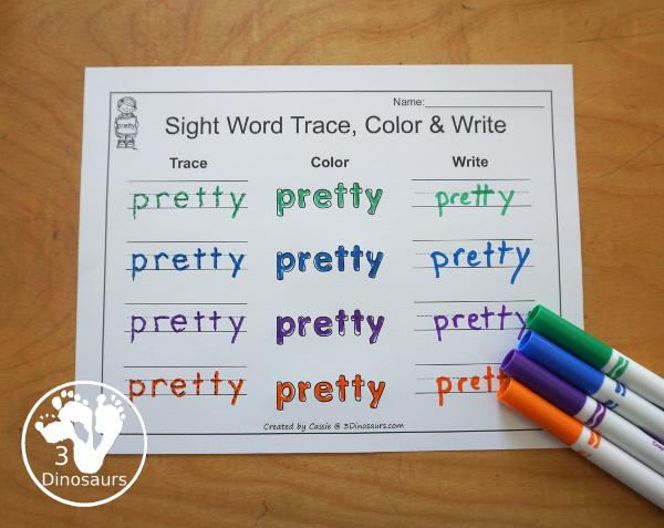 Romping & Roaring Primer Sight Words: pretty, ran, ride, saw - you have 6 pages for each sight word that work on learning the sight word in different ways with reading, writing, and finding. 3Dinosaurs.com