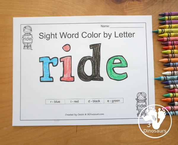 Romping & Roaring Primer Sight Words: pretty, ran, ride, saw - you have 6 pages for each sight word that work on learning the sight word in different ways with reading, writing, and finding. 3Dinosaurs.com