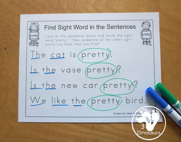 Romping & Roaring Primer Sight Words: pretty, ran, ride, saw - you have 6 pages for each sight word that work on learning the sight word in different ways with reading, writing, and finding. 3Dinosaurs.com