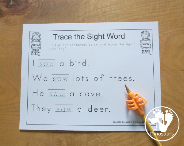 Romping & Roaring Primer Sight Words: pretty, ran, ride, saw - you have 6 pages for each sight word that work on learning the sight word in different ways with reading, writing, and finding. 3Dinosaurs.com