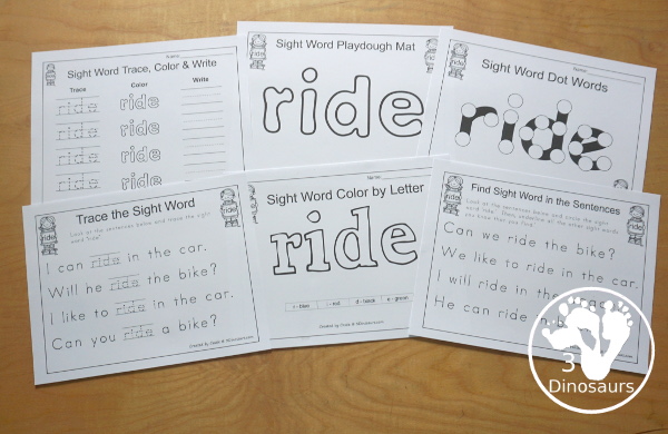 Romping & Roaring Primer Sight Words: pretty, ran, ride, saw - you have 6 pages for each sight word that work on learning the sight word in different ways with reading, writing, and finding. 3Dinosaurs.com