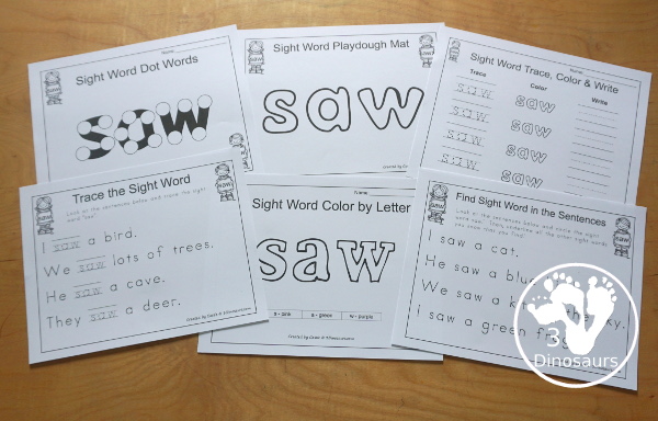 Romping & Roaring Primer Sight Words: pretty, ran, ride, saw - you have 6 pages for each sight word that work on learning the sight word in different ways with reading, writing, and finding. 3Dinosaurs.com