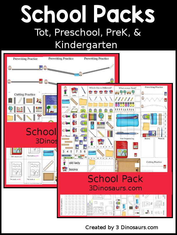 Free School Pack for Tot, Preschool, PreK & Kindergarten - has a mix of hands-on activities and no-prep activities to do with kids for back to school with a fun school theme with a book they are use with the pack - 3Dionsaurs.com