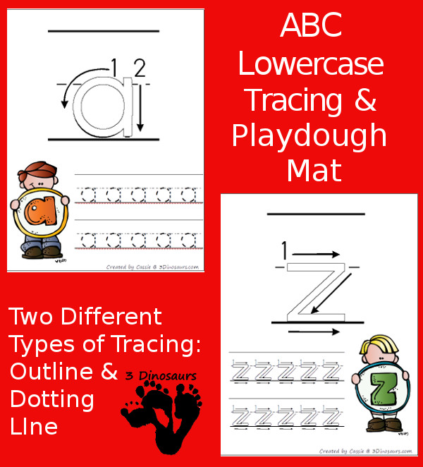Free ABC Letter Tracing Pages Lowercase with Playdough Mats - with lowercase letters from a to z with two tracing options the letters for kids to use with guidelines for the playdough math. It has 52 pages of printables - 3Dinosaurs.com