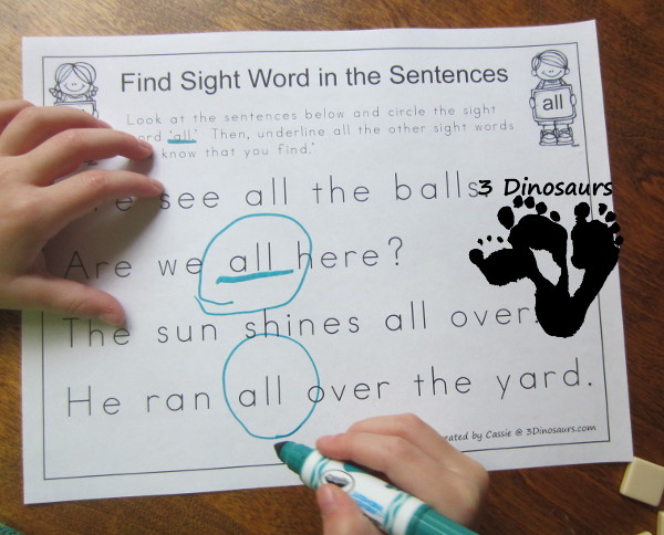 Romping & Roaring Primer Sight Words: Find Sight Word in the Sentences - 3Dinosaurs.com