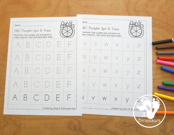 FREE ABC Pumpkin Spin & Trace uppercase or lowercase with 3 font options: print, cursive, D´Nealian style - You have uppercase and lowercase letter options - 3Dinosaurs.com