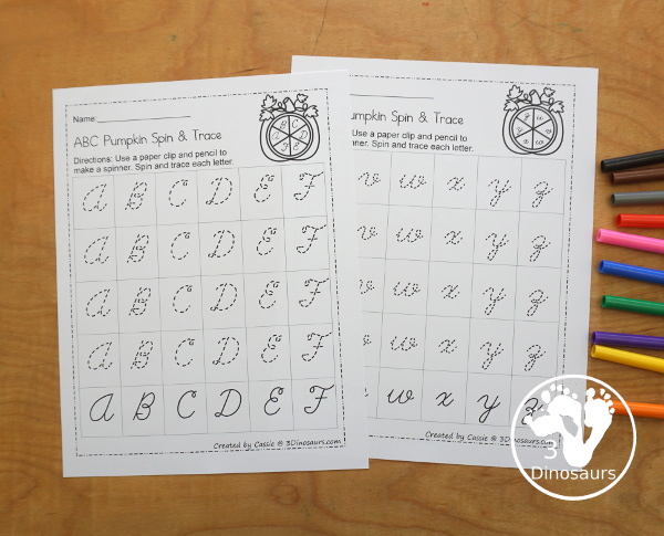 FREE ABC Pumpkin Spin & Trace uppercase or lowercase with 3 font options: print, cursive, D´Nealian style - You have uppercase and lowercase letter options - 3Dinosaurs.com