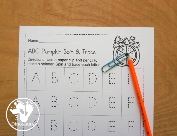 FREE ABC Pumpkin Spin & Trace uppercase or lowercase with 3 font options: print, cursive, D´Nealian style - You have uppercase and lowercase letter options - 3Dinosaurs.com