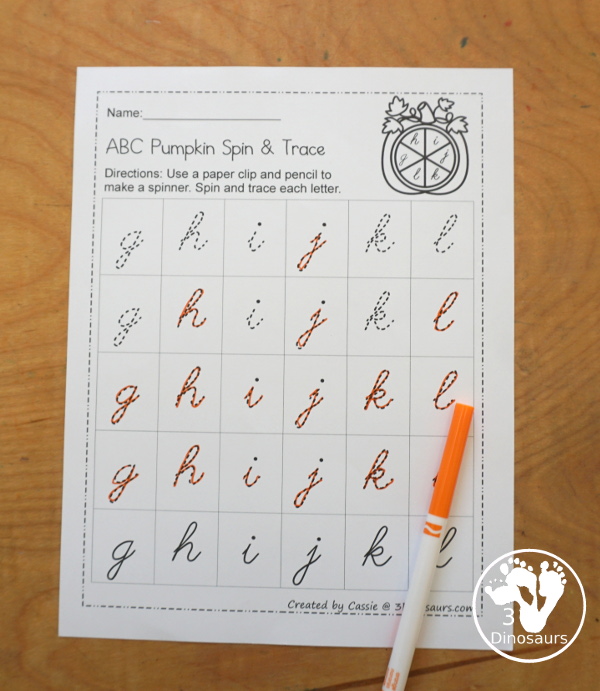 FREE ABC Pumpkin Spin & Trace uppercase or lowercase with 3 font options: print, cursive, D´Nealian style - You have uppercase and lowercase letter options - 3Dinosaurs.com