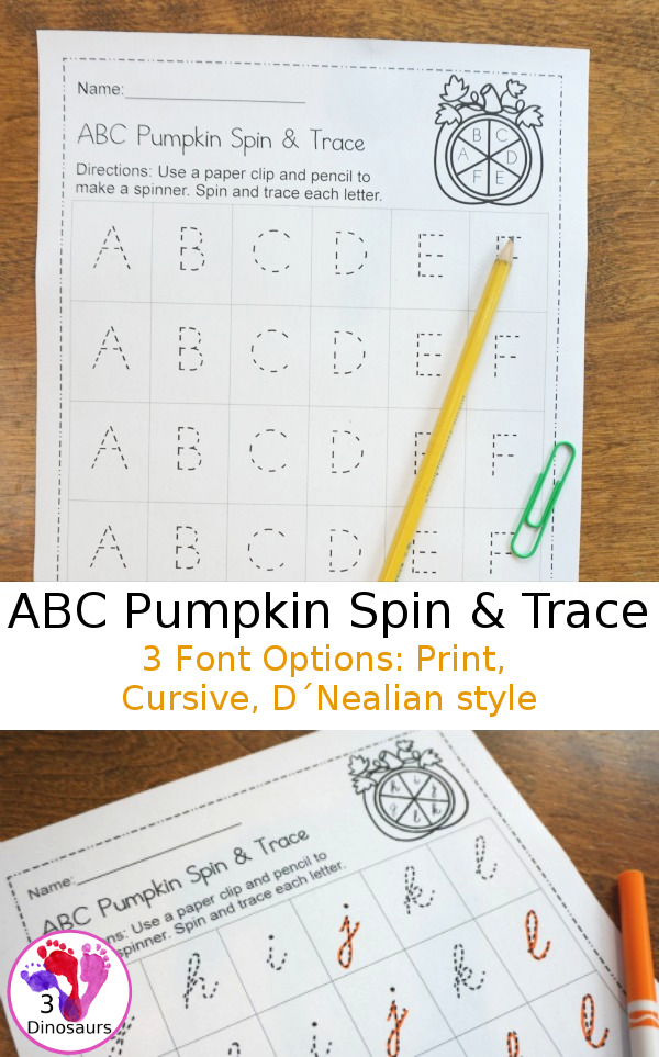 FREE ABC Pumpkin Spin & Trace uppercase or lowercase with 3 font options: print, cursive, D´Nealian style - You have uppercase and lowercase letter options - 3Dinosaurs.com