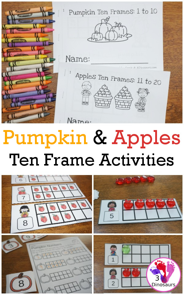 Pumpkin and Apple Themed Ten Frame Printables: No-Prep & Hands-On - 168 pages of printables working on ten frame activities for numbers 1 to 20 with hands-on and no-prep: cards, worksheets and easy reader books. - 3Dinosaurs.com