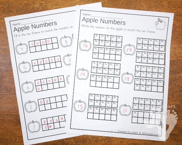 Pumpkin and Apple Themed Ten Frame Printables: No-Prep & Hands-On - 168 pages of printables working on ten frame activities for numbers 1 to 20 with hands-on and no-prep: cards, worksheets and easy reader books. - 3Dinosaurs.com