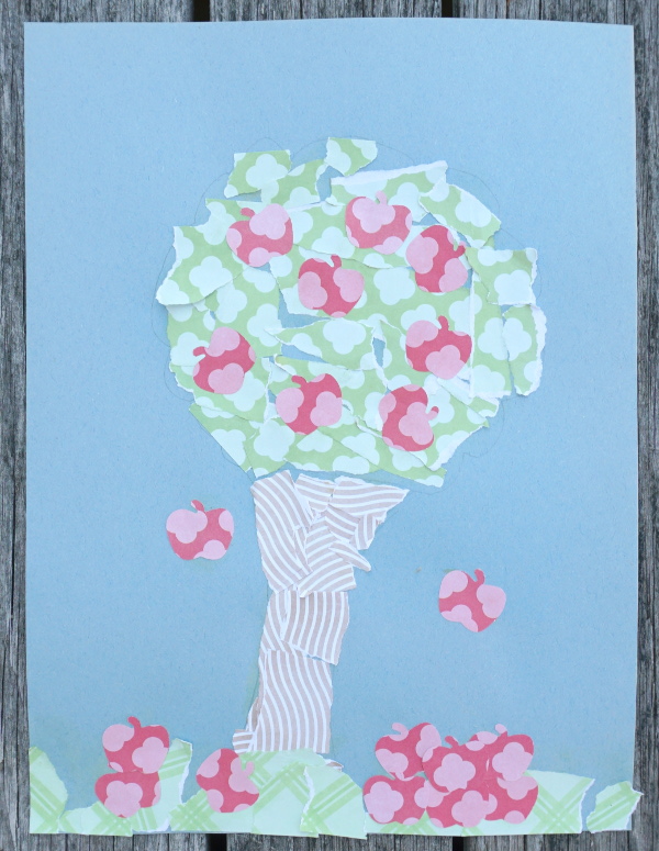 Torn Scrap Book Paper Apple Trees  - simple apple trees make from torn paper with apples made with a apple punch.- 3Dinosaurs.com