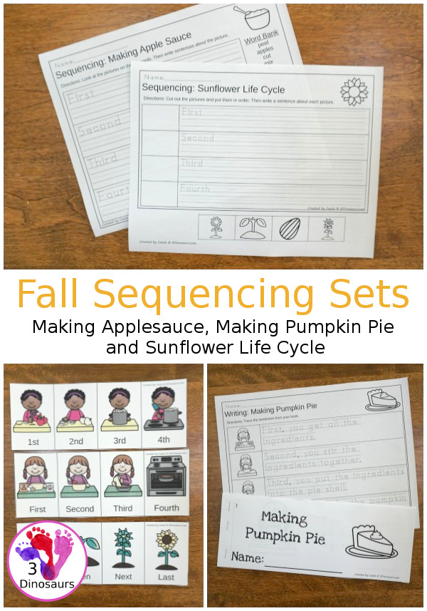 Sequencing Cards Set for Fall - 3 new sets for Making Applesauce, Making Pumpkin Pie and Sunflower Lifecycle - with clip cards, task cards, no-prep worksheets and easy reader books $ - 3Dinosaurs.com