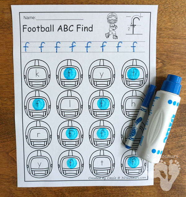 Football ABC Find for kids to use to trace letters and find letters on the helmet - 3Dinosaurs.com