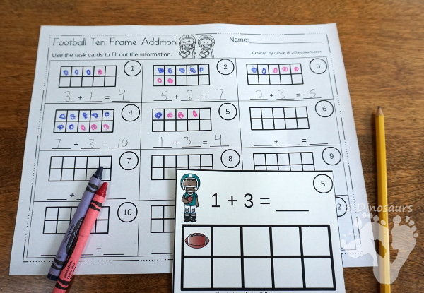 Free Football Ten Frame Addition Cards - 12 cards with recording sheet with two styles of cards - 3Dinosaurs.com