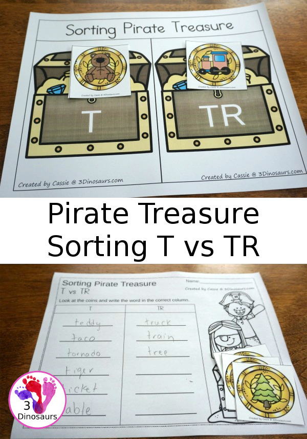Free Hands-On Learning With Pirate Treasure Sorting T vs TR - - 6 coins for each type with sorting mat and recording sheet - 3Dinosaurs.com #freeprintable #blends #pirateprintables #kindergarten #firstgrade
