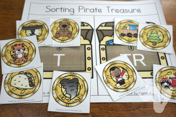 Free Hands-On Learning With Pirate Treasure Sorting T vs TR - - 6 coins for each type with sorting mat and recording sheet  - 3Dinosaurs.com #freeprintable #blends #pirateprintables #kindergarten #firstgrade