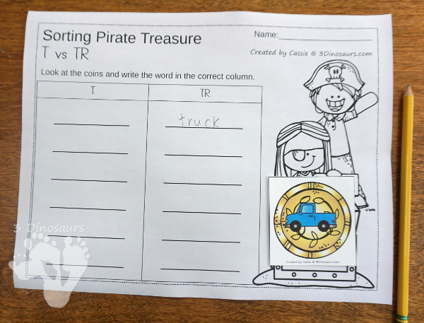 Free Hands-On Learning With Pirate Treasure Sorting T vs TR - - 6 coins for each type with sorting mat and recording sheet  - 3Dinosaurs.com #freeprintable #blends #pirateprintables #kindergarten #firstgrade