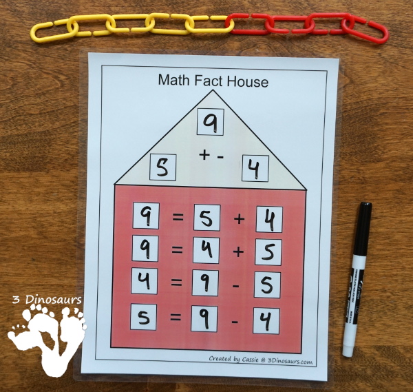 Free Math Fact House Addition & Subtraction - 8 houses with equations in two directions to help those that needs to see the equal sign on either side - 3 Dinosaurs.com