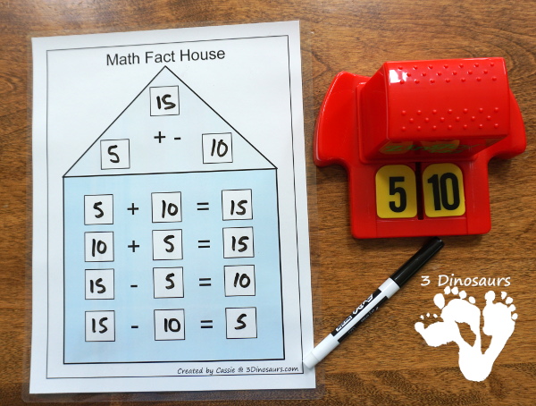 Free Math Fact House Addition & Subtraction - 8 houses with equations in two directions to help those that needs to see the equal sign on either side - 3 Dinosaurs