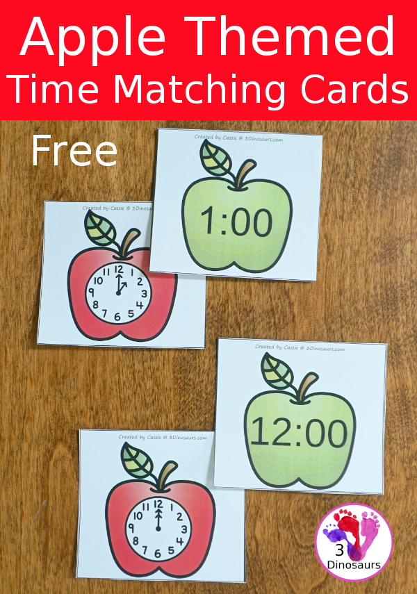 Free Apple Time Matching Cards- 2 matching cards for hourly time from 1 to 12 - 3Dinosaurs.com