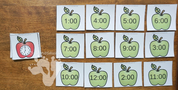 Apple Time Matching Cards- 2 matching cards for hourly time from 1 to 12 - 3Dinosaurs.com