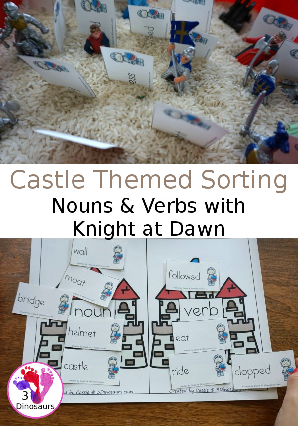 Free Castle Themed Sorting Noun & Verbs with Knight at Dawn - a fun way to work on words from the book plus learning learning to read skills with writing - 3Dinosaurs.com