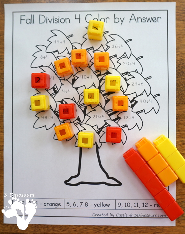 Free Fall Leaves Color by Division - work on division from 1 to 12 with this no-prep printable with a fun fall leaves theme - 3Dinosaurs.com
