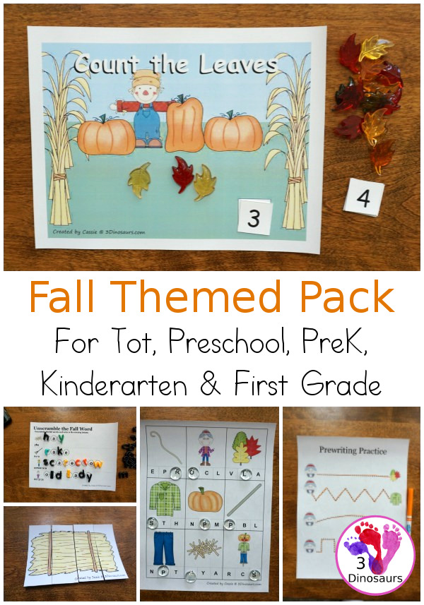 Free Fall Pack for Kindergarten, Preschool and Tot - with a mix of hands-on activities and no-prep with learning fall words and themes with puzzles, cards, prewriting, ABCs, writing and many other activities that go with the book There Was An Old Lady Who Swallowed Some Leaves - 3Dinosaurs.com