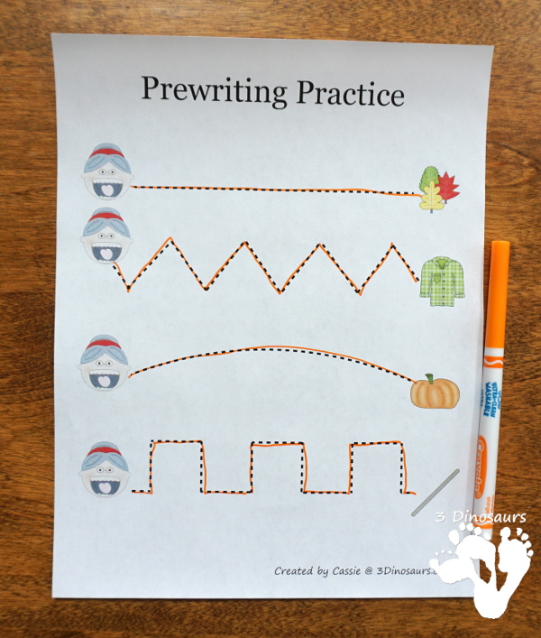 Free Fall Pack for Kindergarten, Preschool and Tot - with a mix of hands-on activities and no-prep with learning fall words and themes with puzzles, cards, prewriting, ABCs, writing and many other activities that go with the book There Was An Old Lady Who Swallowed Some Leaves - 3Dinosaurs.com