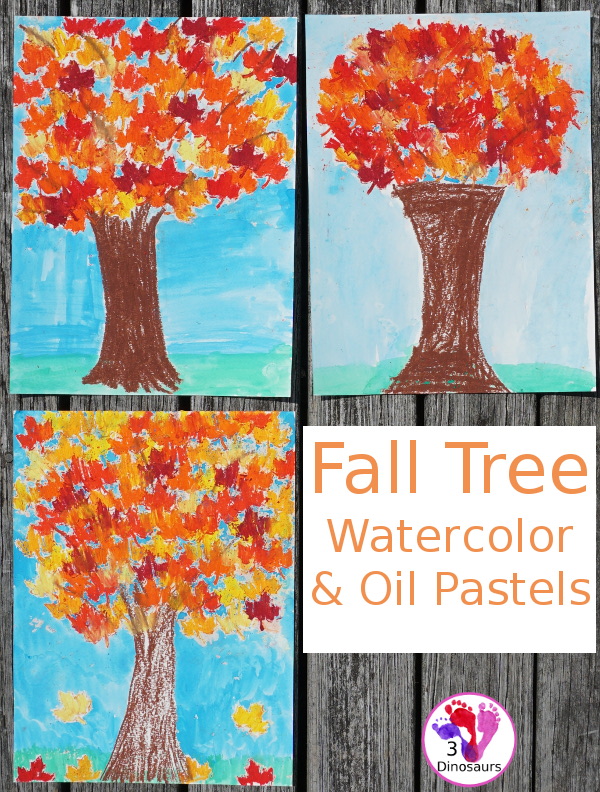 Fall Tree: Watercolor & Oil Pastels - a fun fall tree with blending of oil pastels and watercolors - 3Dinosaurs.com