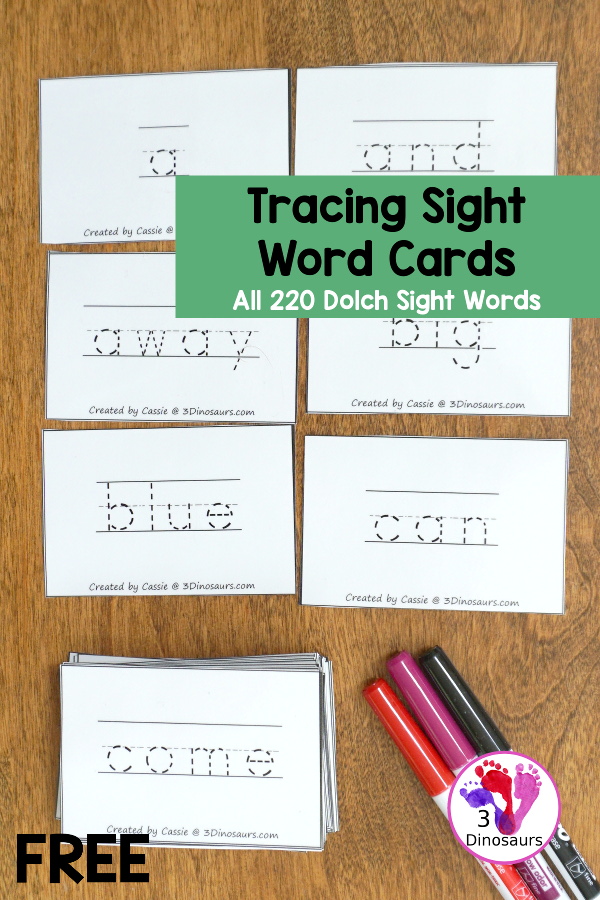 Free Tracing Sight Word Cards: All 220 Dolch Sight Words - 8 cards per page with them sorted by sight word lists - 3Dinosaurs.com