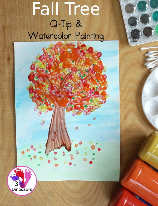 Fall Tree Watercolor and Q-Tip Painting - a mixed art painting project for kids to do for a fall tree. - 3Dinosaurs.com